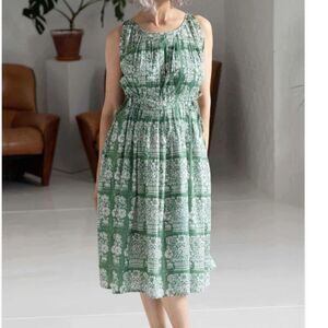 Lazy Bones Green White Organic Cotton Sustainable Midi Classic Boho Dress Nwt